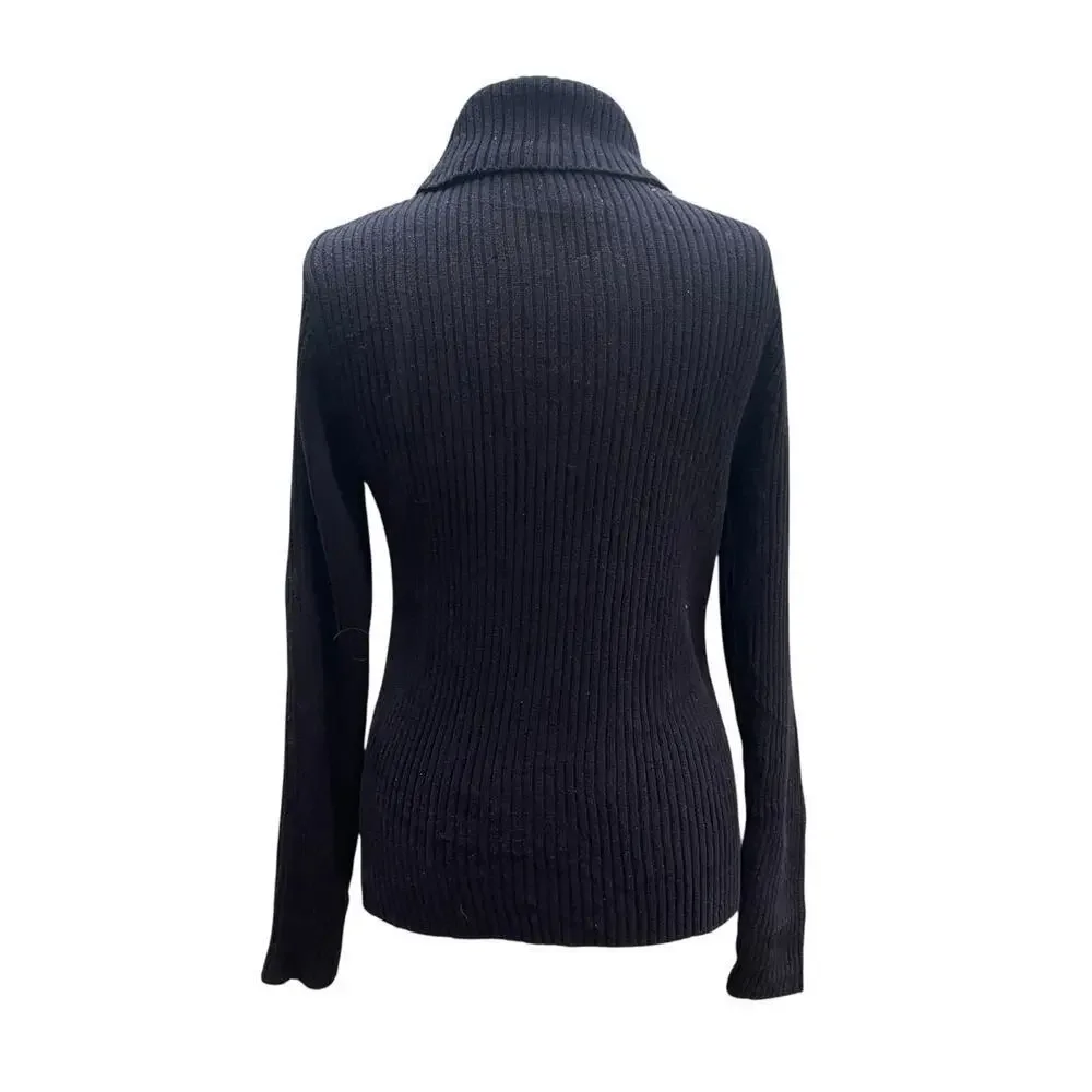 Ralph Lauren Black Label Women’s Ribbed Shawl Collar Sweater M Gold Buckle Black
